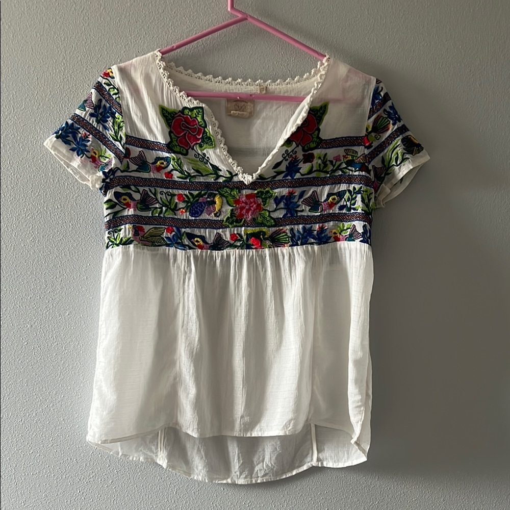 Anthropologie Embroidered White Floral Top